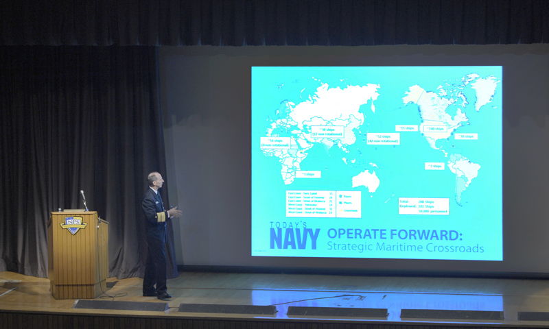 Chief of Naval Operations Adm. Jonathan Greenert outlines the future force to students, faculty and staff during an all-hands call at the Naval Postgraduate School, Feb. 1.