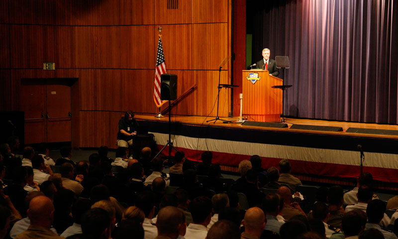 Secretary of the Navy Ray Mabus addresses university students, faculty and staff in King Auditorium, Aug. 29, announcing the establishment of several new educational programs dedicated to energy technology and policy.