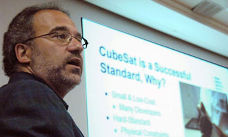 Aerospace Engineering Professor Jordi Puig-Suari from California Polytechnic University, San Luis Obispo, talks about the development of small, affordable satellites known as CubeSats. Puig-Suari was a featured speaker for the 27th Annual Technology Review and Update from April 26-30. The conference brings together key players in defense technology to discuss new developments and projections for the future.