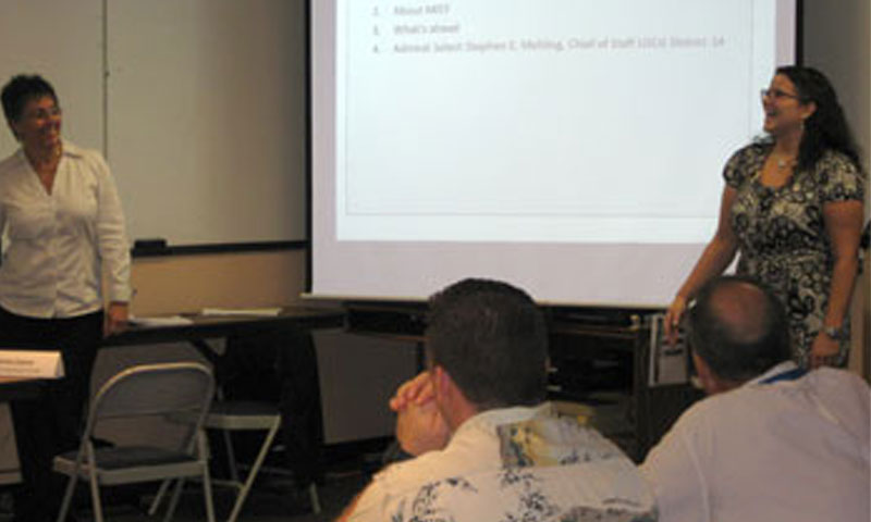 MIST Lead Researcher Anita Salem, left, and Project Manager Wendy Walsh, right, begin their most recent workshop at the Port of Honolulu. The workshop included participants from the private shipping industry and local port authority, Coast Guard, Customs and Border Protection, the Joint Terrorism Task Force, Immigration and Customs Enforcement, the Naval Criminal Investigative Service and the police, among others.