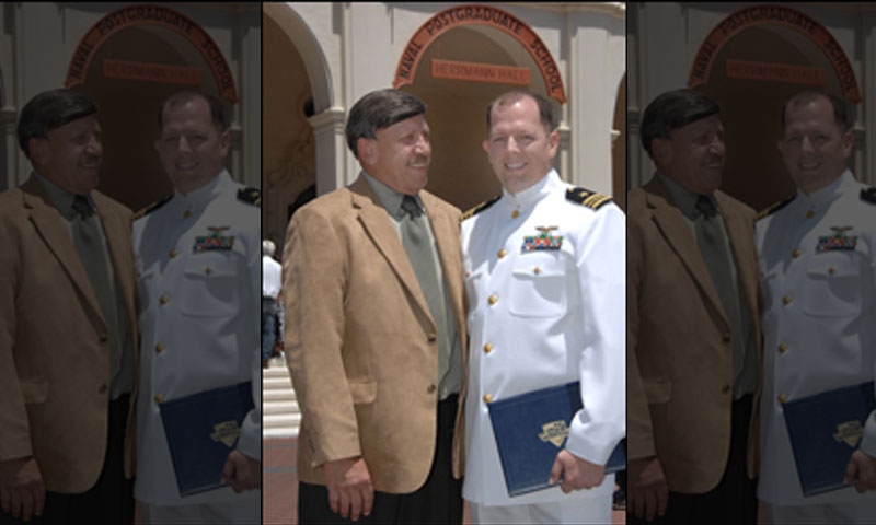 NPS alumnus retired Navy Cmdr. David Place (M.A., National Security Affairs, 1982) left, now the School’s research associate in support of Third Fleet, stands proudly with his son, Lt. Cmdr. Scott Place, who received a master’s degree in Joint C4I at spring graduation ceremonies, June 19. The recent graduate is a third generation NPS alumnus, his grandfather, William Morris Place, is also an NPS grad (B.S., Aviation Ordnance Engineering, 1955).