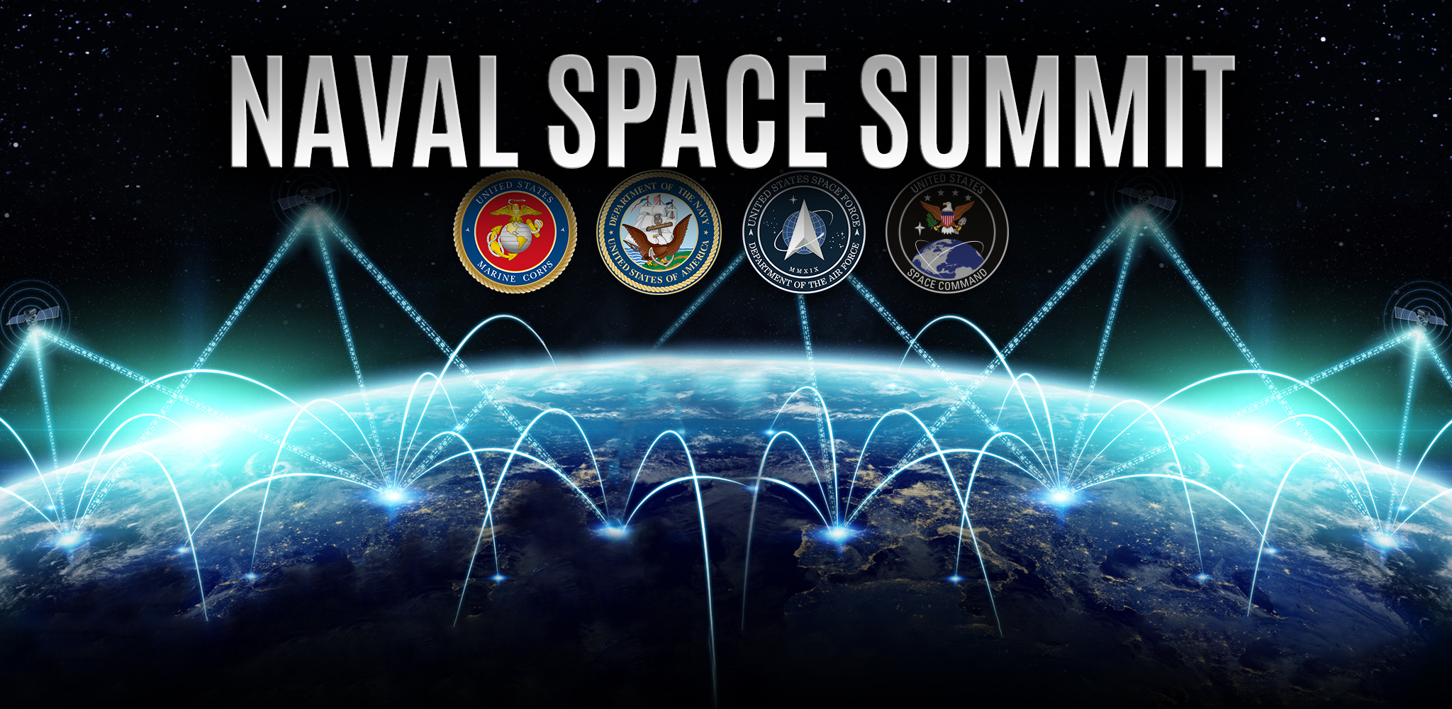 Naval Space Summit graphic with globe and seals for armed services with text Naval Space Summit