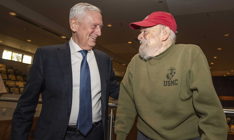 Former Secretary of Defense and retired U.S. Marine Corps Gen. James Mattis meets with Edward Cavallini, a 101-year-old former Marine Corps captain who fought at the Battle of Iwo Jima in 1945. Cavallini attended Mattis’ Secretary of the Navy Guest Lecture (SGL) at NPS on May 28.