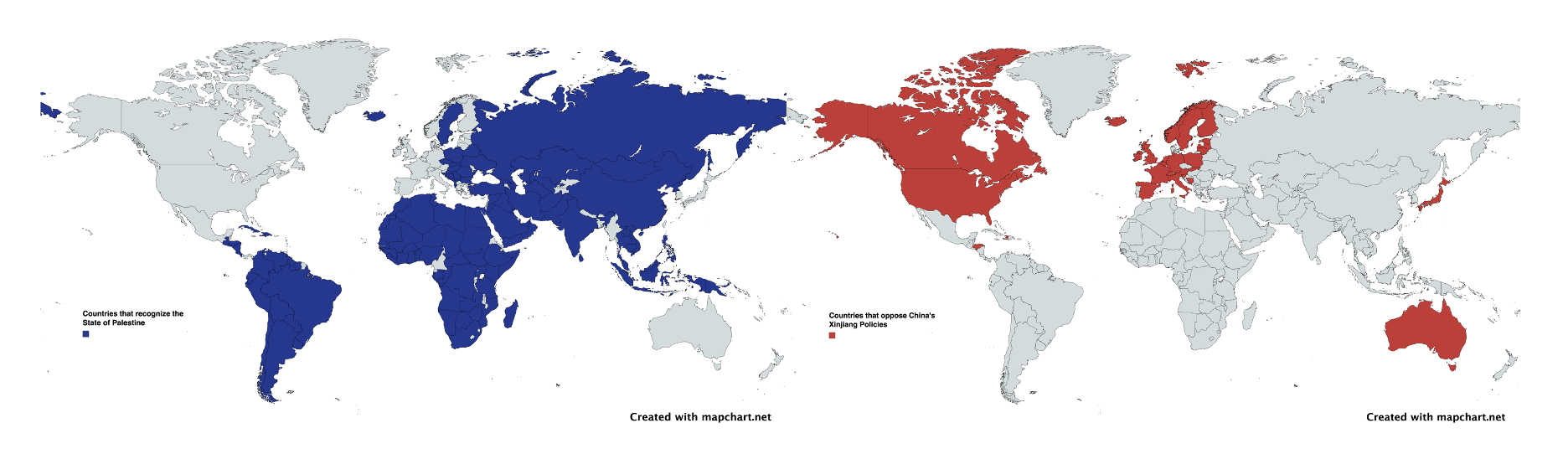 highlights in blue the states that recognize the State of Palestine and the other (right) indicates states opposing Chinese oppression of the Uyghur population in Xinjiang in red.