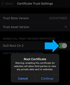 Toggle on DoD Root CA 3 and click Continue.