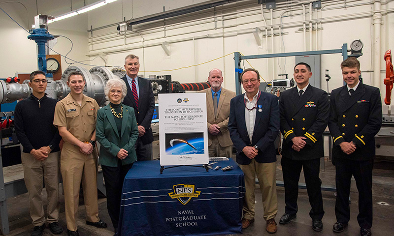 NPS President retired Vice Adm. Ann E. Rondeau with team of faculty and students involved in hypersonics research