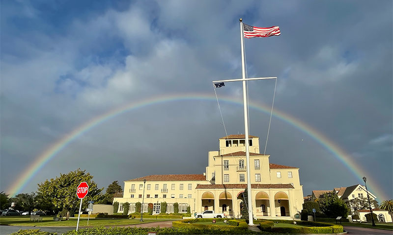 Rainbow arching over Herrmann Hall at the Naval Postgraduate School.