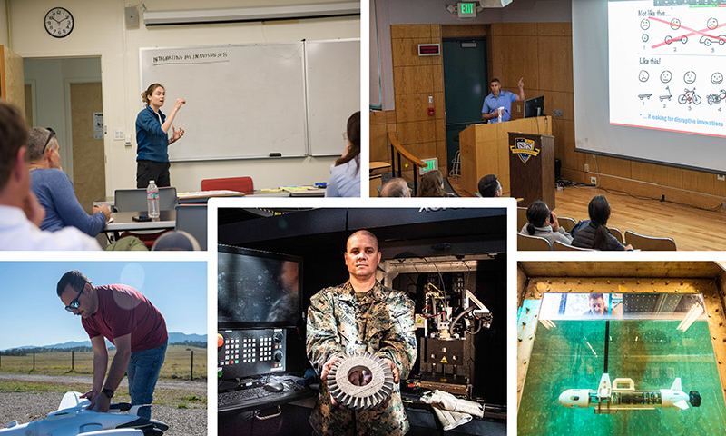 A matrix of images from the Naval Innovation Exchange (NIX) program at the Naval Postgraduate School showing students and faculty developing prototype research solutions.