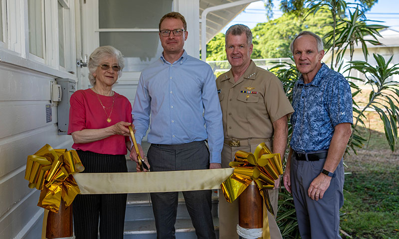 Ribbon-cutting ceremony for the new NPS academic center at Pearl Harbor, NPS Hawaii, with NPS President retired Vice Adm. Ann Rondeau, Dr. Joseph Hooper, Adm. Samuel Paparo, and retired Vice Adm. Phil Sawyer