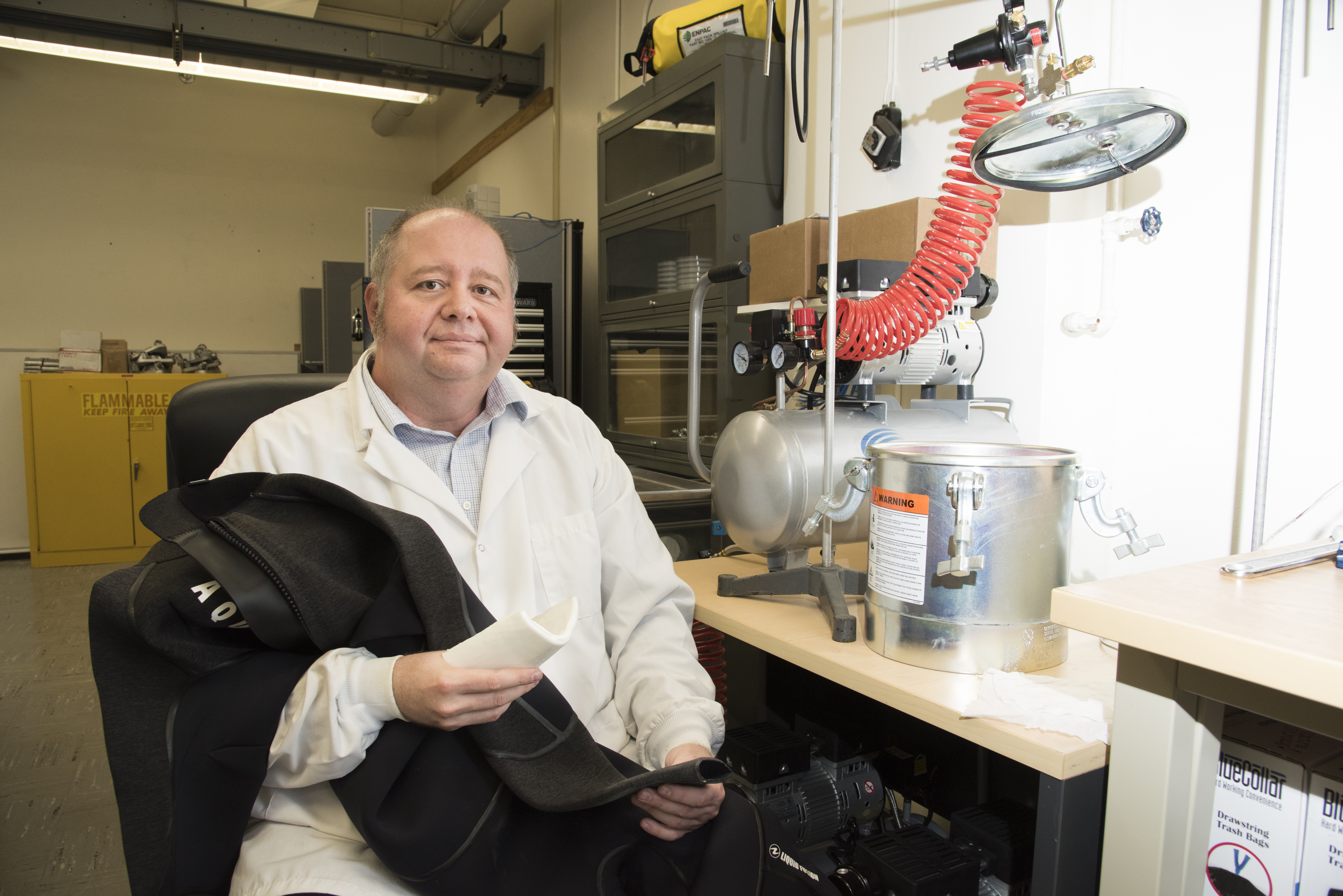 Professor Emil Kartalov seeks to improve the neoprene wet suit by revolutionizing the buoyancy factor in new materials he is currently testing at NPS.